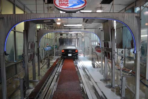 Inside the car wash. Notice that they installed blue rope light on the various stations. This was their initial thought of making the car wash 'fun'. That was before we got involved.